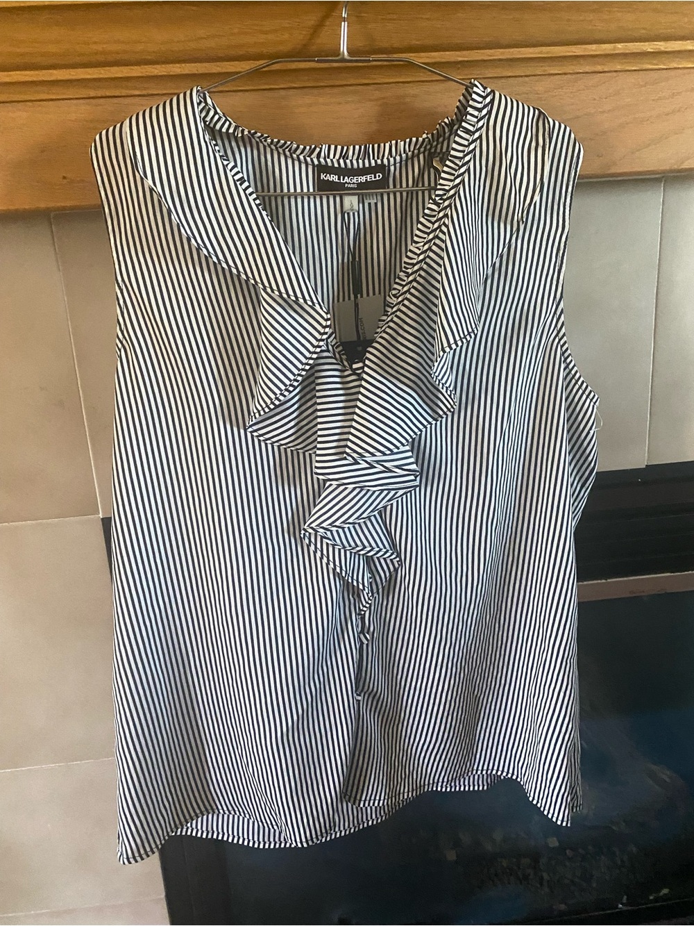 Karl Lagerfeld Black and White Striped Ruffle Sleeveless Camisole NWT size Large